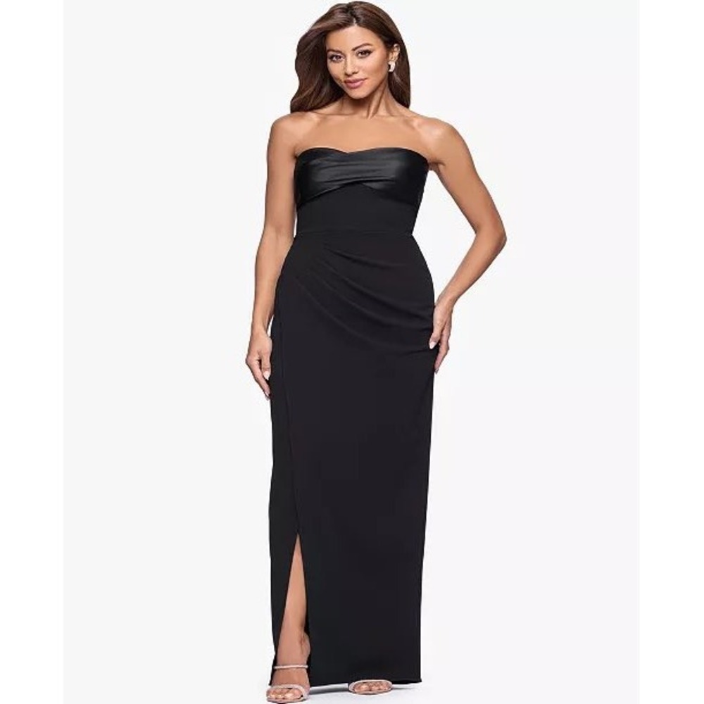 Xscape Womens Black Strapless Satin Twist Front Ruched Slit Evening Gown Dress12